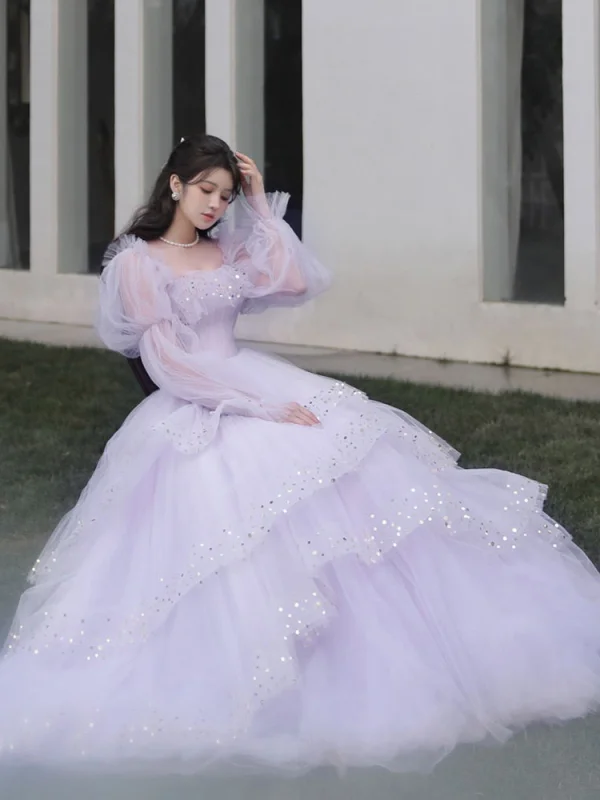 Schöne Lavendel Rüschen Pailletten Ballkleider 2022 A Linie Off Shoulder Geschwollenes Lange Ärmel Rückenfreies Lange Ball Festliche Kleider