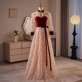 Chinese Style Burgundy Pearl Flower Bow Prom Dresses 2024 A Line Princess High Neck 3 4 Sleeve Backless Floor Length Long Prom Formal Dresses