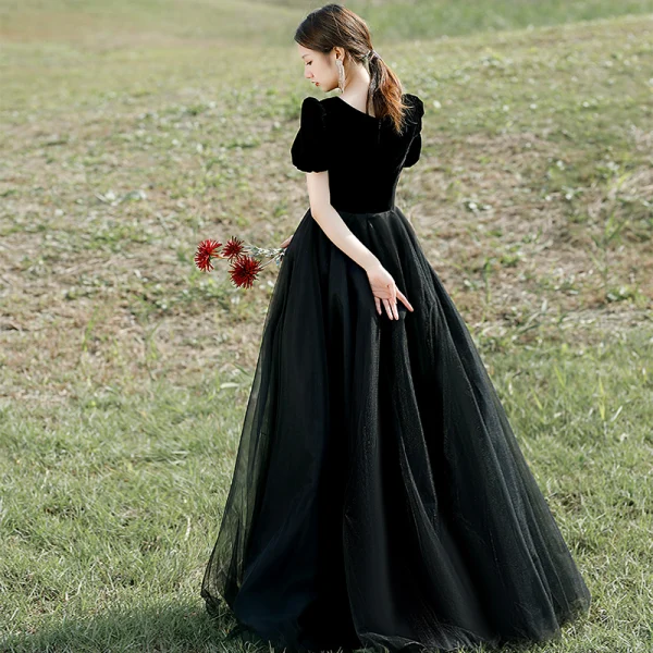 Elegant Black Prom Dresses 2022 A-Line / Princess Square Neckline Short Sleeve Backless Floor-Length / Long Formal Dresses