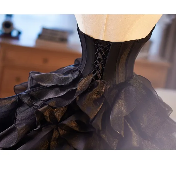 Chic / Beautiful Black Cascading Ruffles Prom Dresses 2025 Ball Gown Strapless Sleeveless Backless Floor-Length / Long Prom Formal Dresses