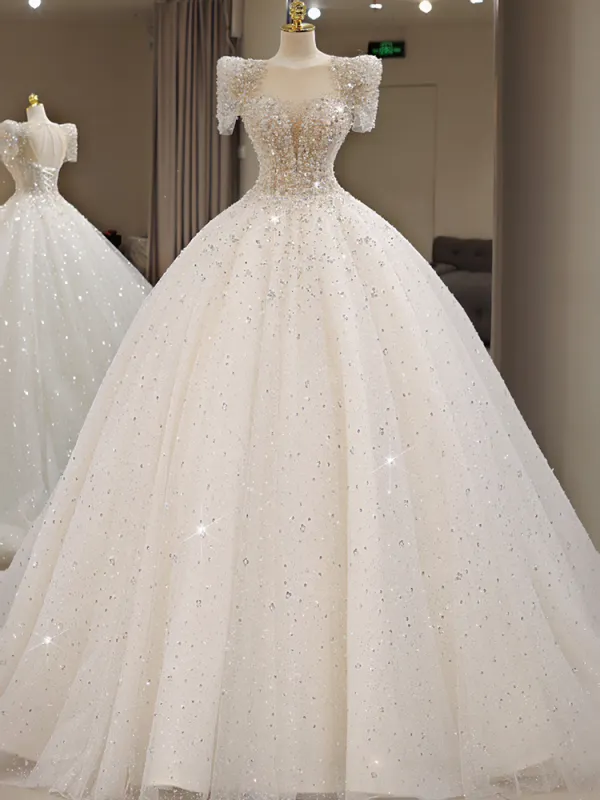 Charming White Beading Sequins Court Train Wedding Dresses 2024 Ball Gown Scoop Neck