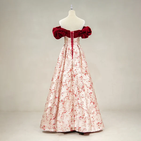 Elegant Burgundy Printing Prom Dresses 2023 A-Line / Princess Off-The-Shoulder Ruffle Short Sleeve Backless Floor-Length / Long Prom Formal Dresses
