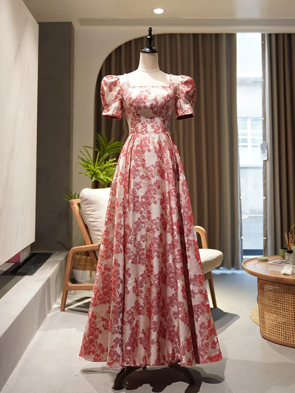 Elegant Burgundy Floral Prom Dresses 2022 A-Line / Princess Satin Square Neckline Pearl Puffy Short Sleeve Backless Floor-Length / Long Prom Formal Elegant Burgundy Floral Prom Dresses 2022 A-Line / Princess Satin Square Neckline Pearl Puffy Short Sleeve Backless Floor-Length / Long Prom Formal