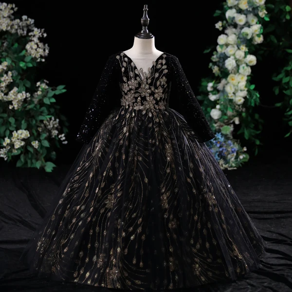 Vintage / Retro Navy Blue Glitter Sequins Birthday Flower Girl Dresses 2024 Ball Gown Scoop Neck Long Sleeve Backless Floor-Length / Long