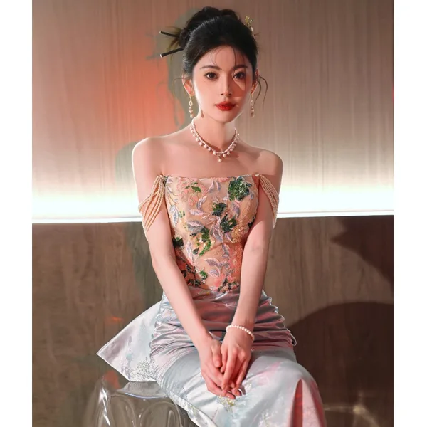 Charming Grey Beading Sequins Lace Flower Prom Dresses 2024 Trumpet / Mermaid Off-The-Shoulder Sleeveless Backless Bow Floor-Length / Long Prom Formal Dresses