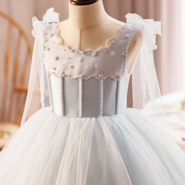 Modest / Simple Grey Birthday Pearl Short Flower Girl Dresses 2024 Ball Gown Scoop Neck Sleeveless Backless