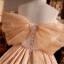 Modest  Champagne Pearl Lace Flower Satin Prom Dresses 2023 Ball Gown Off-The-Shoulder Short Sleeve Backless Sweep Train Prom Formal Dresses