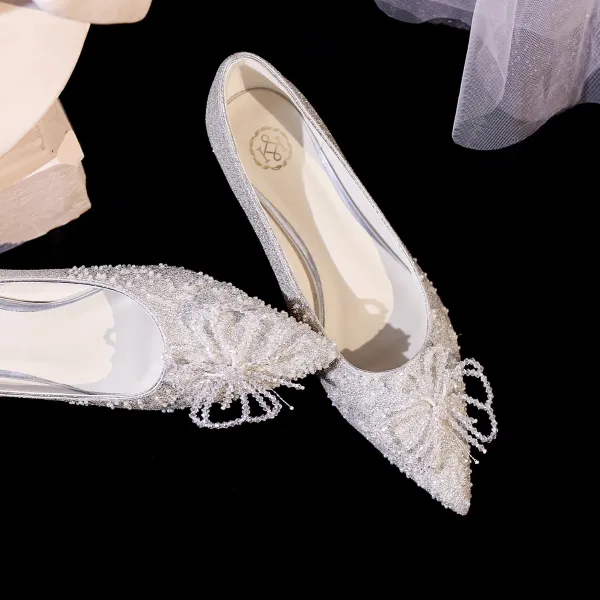 Bling Bling Champagne Perlage Paillettes Chaussure De Mariée 2023 Cuir 3 cm Talons Aiguilles Talon Bas À Bout Pointu Mariage Escarpins Talons Hauts