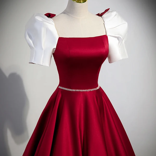 Elegant Burgundy Satin Prom Dresses 2023 A-Line / Princess Square Neckline Puffy Short Sleeve Backless Bow Floor-Length / Long Prom Formal Dresses