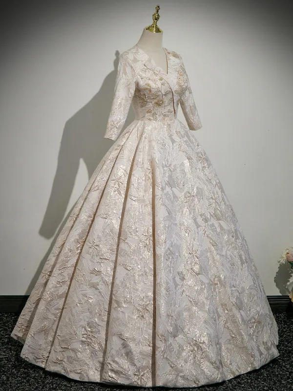 Elegant Champagne Glitter Printing Mother Of The Bride Dresses 2025 A-Line / Princess V-Neck Long Sleeve Backless Floor-Length / Long