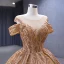 Luxe Champagne Fait main Perlage Perle Paillettes Volants en Cascade Robe De Bal 2023 Robe Boule Encolure Dégagée Manches Courtes Chapel Train Promo Robe De Ceremonie