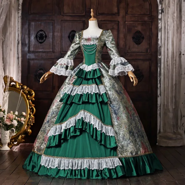 Vintage / Retro Medieval Dark Green Pearl Lace Flower Printing Ruffle Prom Dresses 2026 Ball Gown Square Neckline Bell sleeves Backless Floor-Length / Long