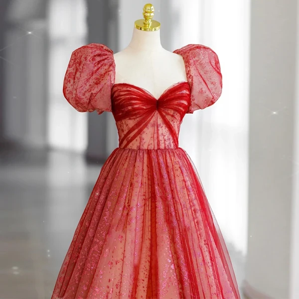 Chic / Beautiful Red Sequins Prom Dresses 2022 A-Line / Princess Square Neckline Puffy Short Sleeve Backless Bow Floor-Length / Long Formal Dresses