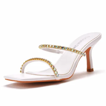 Sexy Blanche Soirée Faux Diamant Sandales Femme Talons Hauts 2023 7 Cm Talons Aiguilles Peep Toes Bout Ouvert Sandales