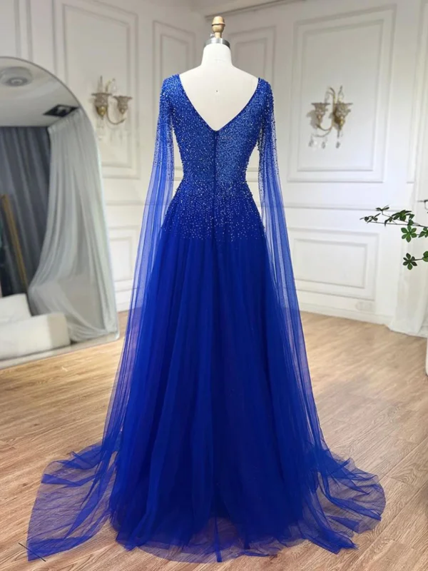 High-end Royal Blue Handmade  Beading Prom Dresses 2024 A-Line / Princess V-Neck Sleeveless Backless Floor-Length / Long Prom Formal Dresses