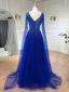 High-end Royal Blue Handmade  Beading Prom Dresses 2024 A-Line / Princess V-Neck Sleeveless Backless Floor-Length / Long Prom Formal Dresses