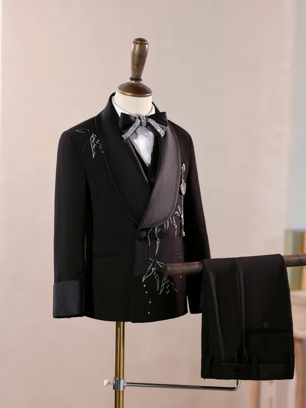 Chinese style Black Rhinestone 6-piece Long Sleeve Boys Wedding Suits 2025 Body Jewellery Coat Pants Shirt Tie Vest