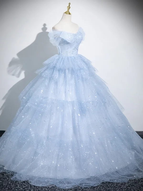 Bling Bling Sky Blue Glitter Sequins Prom Dresses 2025 Ball Gown Strapless Sleeveless Backless Floor-Length / Long Prom Formal Dresses