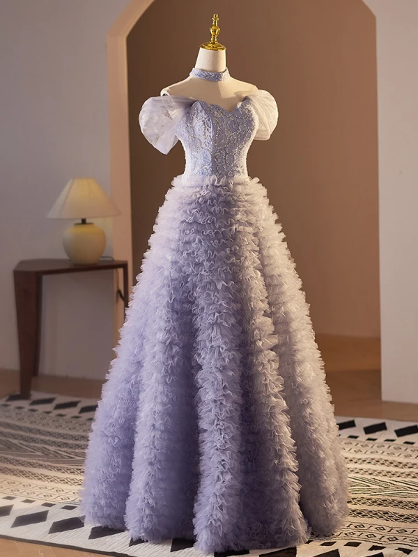 High-end Lavender Beading Pearl Sequins Ruffle Prom Dresses 2024 A-Line / Princess Off-The-Shoulder Short Sleeve Backless Floor-Length / Long Prom Formal Dresses