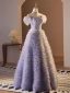 High-end Lavender Beading Pearl Sequins Ruffle Prom Dresses 2024 A-Line / Princess Off-The-Shoulder Short Sleeve Backless Floor-Length / Long Prom Formal Dresses