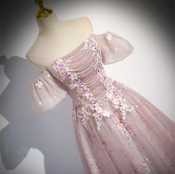Schöne Rosa Perlenstickerei Applikationen Pailletten Ballkleider 2024 A Linie Off Shoulder Kurze Ärmel Rückenfreies Lange Ball Festliche Kleider