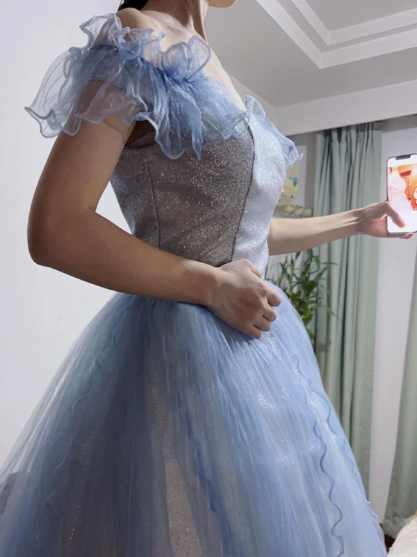 Glitzernden Charmant Himmelblau Pailletten Abendkleider 2023 A Linie Off Shoulder Schleife Kurze Ärmel Rückenfreies Lange Abend Festliche Kleider