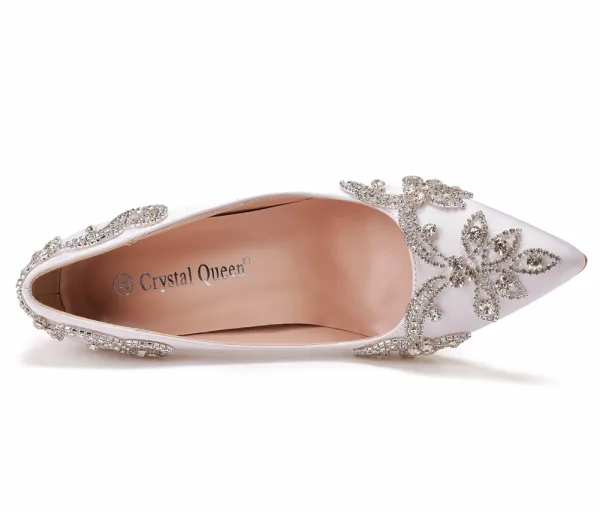 Charmant Blanche Faux Diamant Chaussure De Mariée 2022 9 cm Cristal Talons Épais À Bout Pointu Mariage Escarpins Talons Hauts