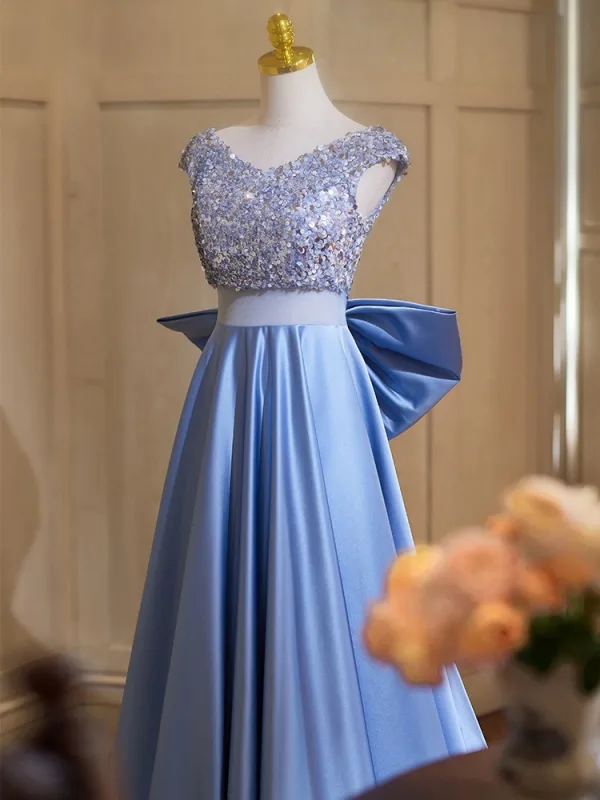 Elegante Himmelblau Pailletten Satin Ballkleider 2024 A Linie V-Ausschnitt Ärmel Rückenfreies Schleife Sweep / Pinsel Zug Ball Festliche Kleider