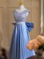 Elegante Himmelblau Pailletten Satin Ballkleider 2024 A Linie V-Ausschnitt Ärmel Rückenfreies Schleife Sweep / Pinsel Zug Ball Festliche Kleider