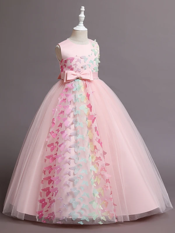 Lovely Blushing Pink Butterfly Appliques Birthday Flower Girl Dresses 2024 Ball Gown Scoop Neck Sleeveless Bow Sash Floor-Length / Long