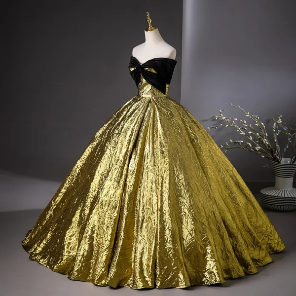 Vintage / Retro Black Gold Ball Gown Prom Dresses 2024 Strapless Sleeveless Backless Floor-Length / Long Prom Formal Dresses