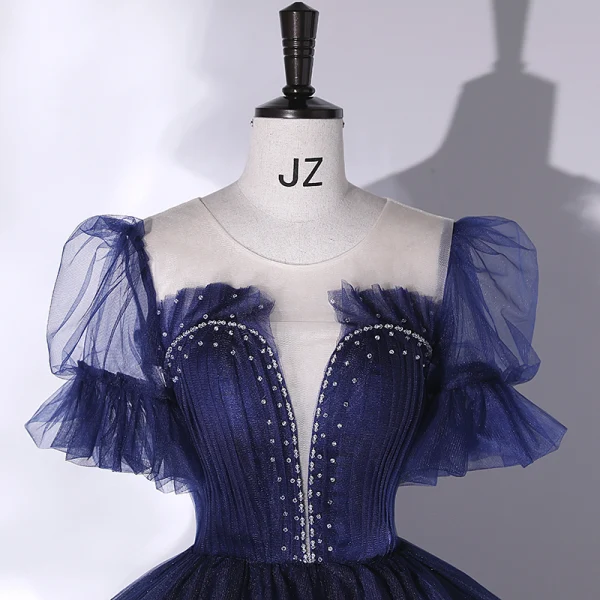 Vintage / Originale Simple Bleu Marine Paillettes Robe De Bal 2022 Robe Boule Encolure Dégagée Manches Courtes Dos Nu Longue Robe De Ceremonie