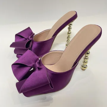 Chic Beautiful Purple Satin Prom Bow Womens Sandals 2022 13 Cm Stiletto Heels Open Peep Toe Sandals High Heels