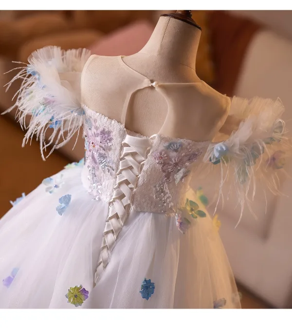 Lovely White Beading Appliques Tassel Birthday Flower Girl Dresses 2025 Ball Gown Scoop Neck Short Sleeve Backless Floor-Length / Long