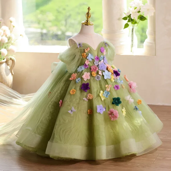 Flower Fairy Sage Green Multi-Colors Appliques Birthday Flower Girl Dresses 2025 Ball Gown Off-The-Shoulder Short Sleeve Backless Floor-Length / Long
