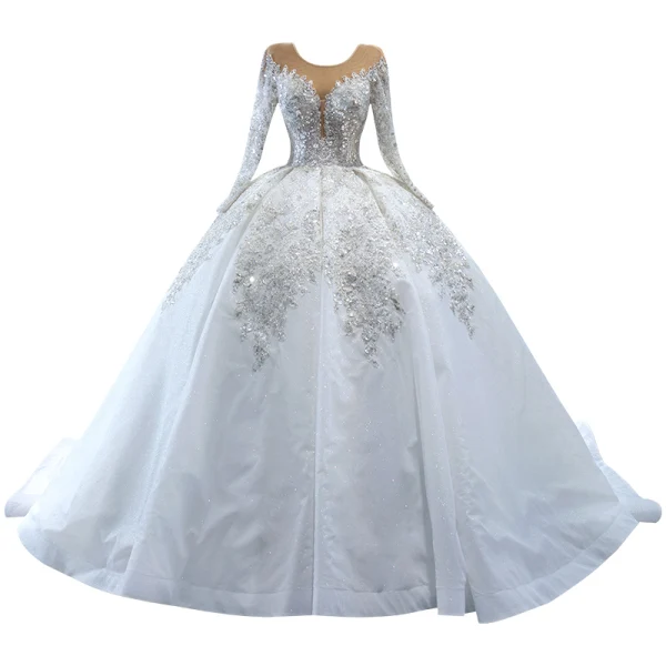 Luxury / Gorgeous White Handmade  Beading Rhinestone Pearl Sequins Wedding Dresses 2023 Ball Gown Scoop Neck Long Sleeve Backless Court Train Wedding