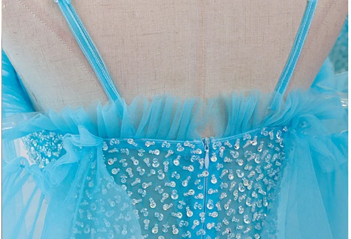 Schöne Himmelblau Perlenstickerei Pailletten Ballkleider 2024 A Linie Spaghettiträger Kurze Ärmel Rückenfreies Lange Ball Festliche Kleider