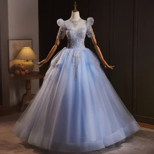 Elegant Sky Blue Beading Pearl Sequins Prom Dresses 2024 Ball Gown Scoop Neck Short Sleeve Backless Floor Length Long Prom Formal Dresses