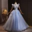 Elegant Sky Blue Beading Pearl Sequins Prom Dresses 2024 Ball Gown Scoop Neck Short Sleeve Backless Floor-Length / Long Prom Formal Dresses