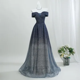 Sleek Navy Blue Glitter Starry Sky Prom Dresses 2026 A Line Princess Off The Shoulder Sleeveless Backless Floor Length Long Formal Dresses