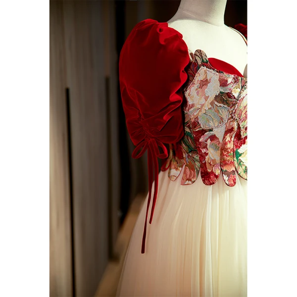 Elegant Burgundy Printing Prom Dresses 2022 A-Line / Princess Square Neckline Short Sleeve Backless Bow Floor-Length / Long Formal Dresses
