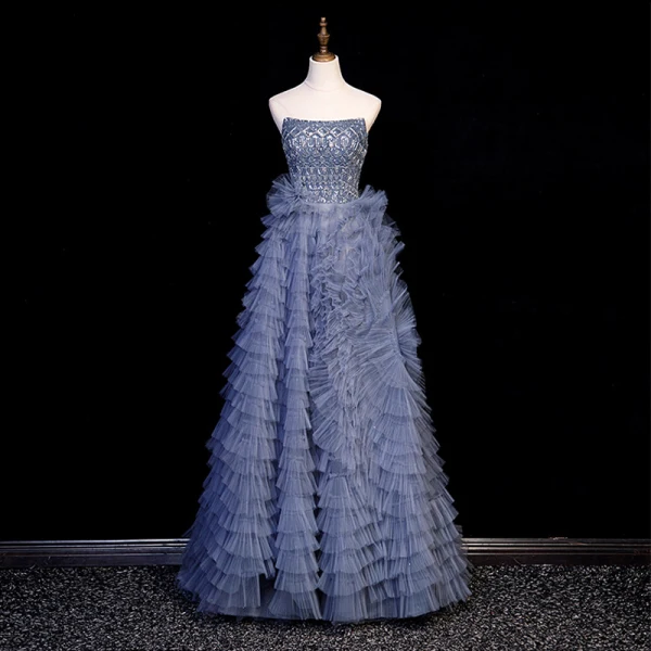 Sexy Ocean Blue Cascading Ruffles Beading Sequins Prom Dresses 2023 A-Line / Princess Off-The-Shoulder Short Sleeve Backless Floor-Length / Long Flower Girl Dresses