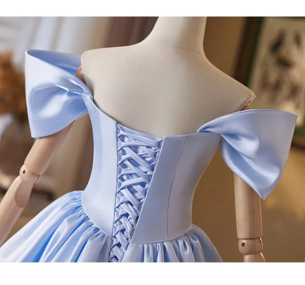 Fashion Sky Blue Pearl Short Homecoming Graduation Dresses 2025 A-Line / Princess Off-The-Shoulder Short Sleeve Backless Formal Dresses