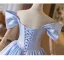 Fashion Sky Blue Pearl Short Homecoming Graduation Dresses 2025 A-Line / Princess Off-The-Shoulder Short Sleeve Backless Formal Dresses