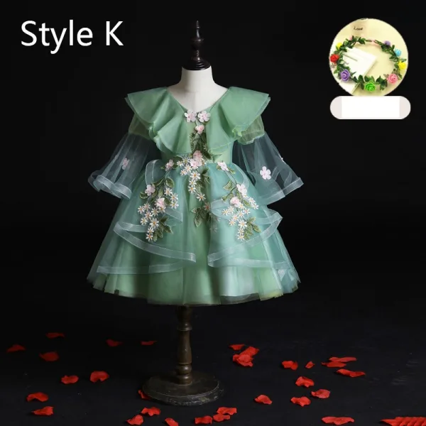 Flower Fairy Sage Green Appliques Lace Flower Birthday Flower Girl Dresses 2024 Ball Gown V-Neck Bell sleeves Court Train Flower Girl Dresses