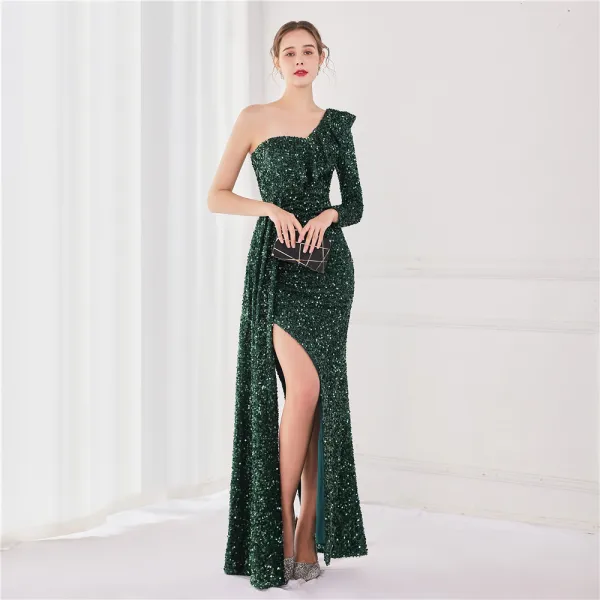 Sexy Lindgrün Pailletten Abendkleider 2022 Meerjungfrau One-Shoulder Lange Ärmel Rückenfreies Lange Gespaltete Front Abend Festliche Kleider