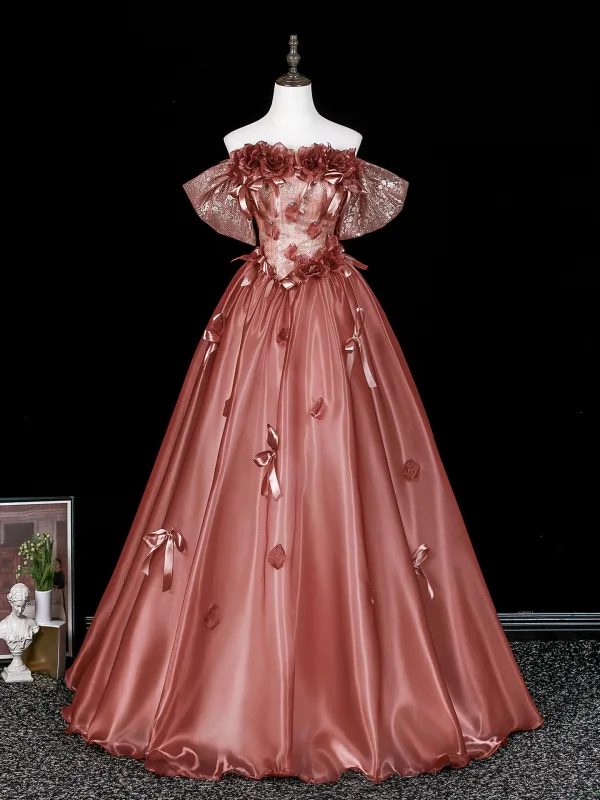 Dreamy Rose Gold Sequins Bow Appliques Prom Dresses 2026 Ball Gown Off-The-Shoulder Short Sleeve Backless
