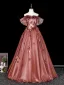 Dreamy Rose Gold Sequins Bow Appliques Prom Dresses 2026 Ball Gown Off-The-Shoulder Short Sleeve Backless