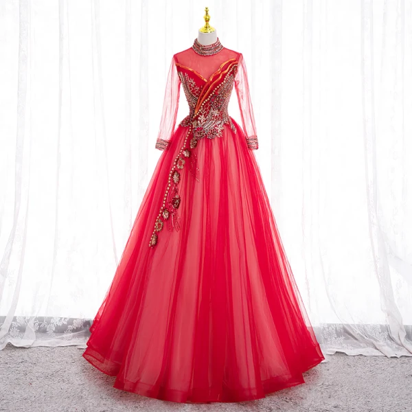 Élégant Rouge Perle Paillettes En Dentelle Fleur Robe De Bal 2022 Robe Boule Col Haut Manches Longues Dos Nu Longue Promo Robe De Ceremonie