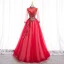 Élégant Rouge Perle Paillettes En Dentelle Fleur Robe De Bal 2022 Robe Boule Col Haut Manches Longues Dos Nu Longue Promo Robe De Ceremonie